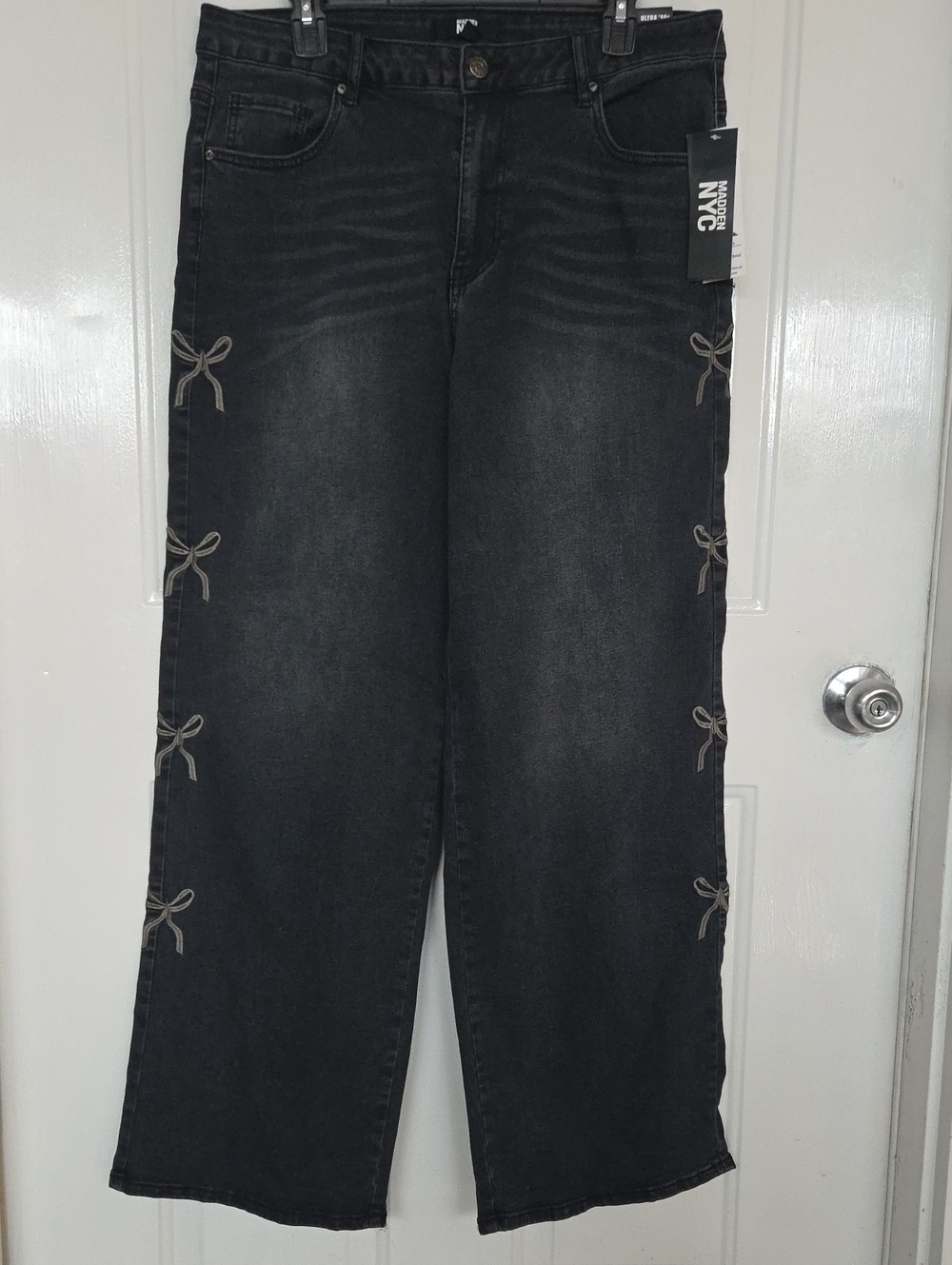 Womens 90s nwt Madden Black Wide-Leg Jeans with Side Bow Detail